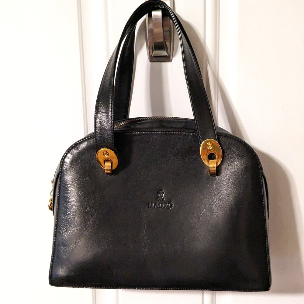 Vintage LLADRO Black Leather Satchel Handbag